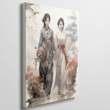 Digital painting of two women in traditional kimonos with cherry blossoms