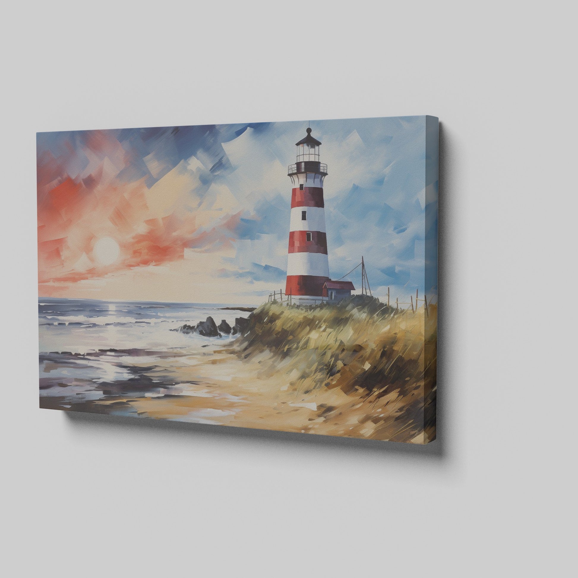 Impressionistic painting of a red and white lighthouse at sunset with vivid blue and orange sky