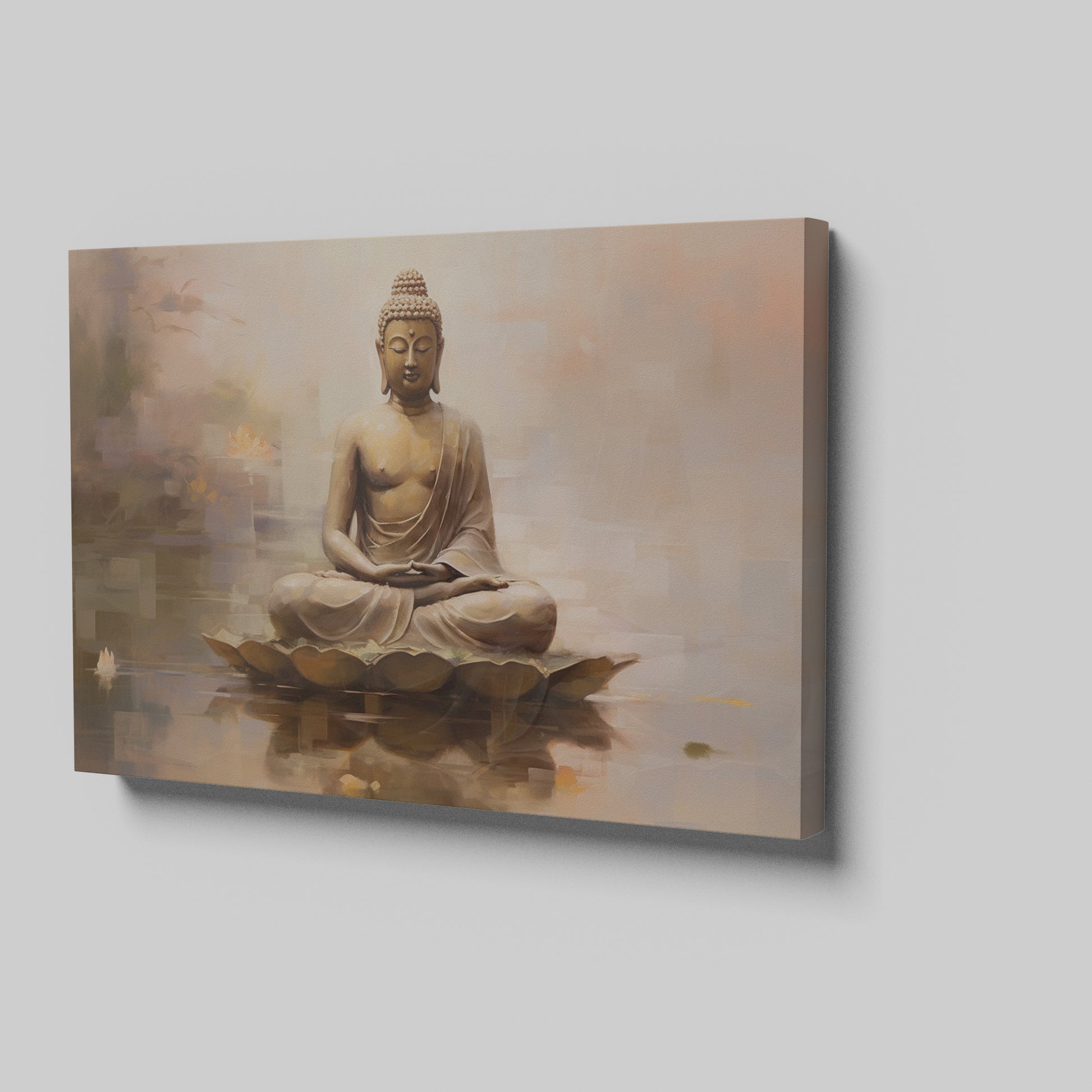 Framed canvas print of a serene Buddha in meditation with warm colour tones