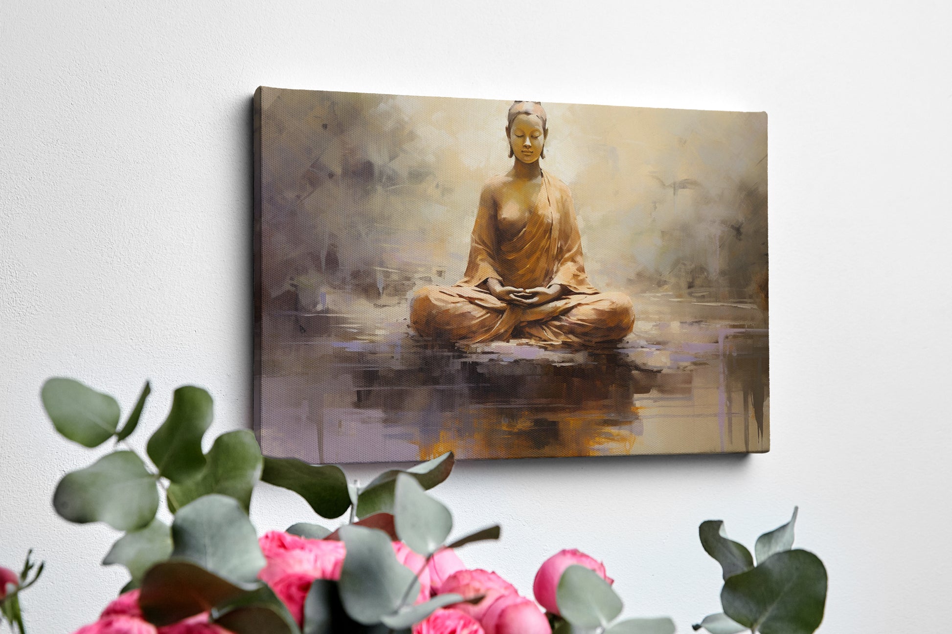 Canvas print of a meditating Buddha in warm amber and brown tones on a textured abstract background