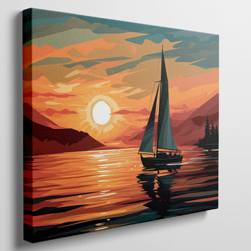 Stylized sailboat on calm waters with a vivid sunset and mountains in the background