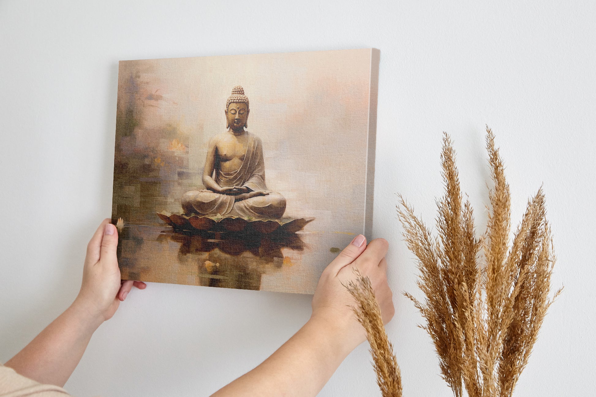 Framed canvas print of a serene Buddha in meditation with warm colour tones