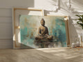 Framed canvas print of tranquil Buddha with abstract blue and beige background