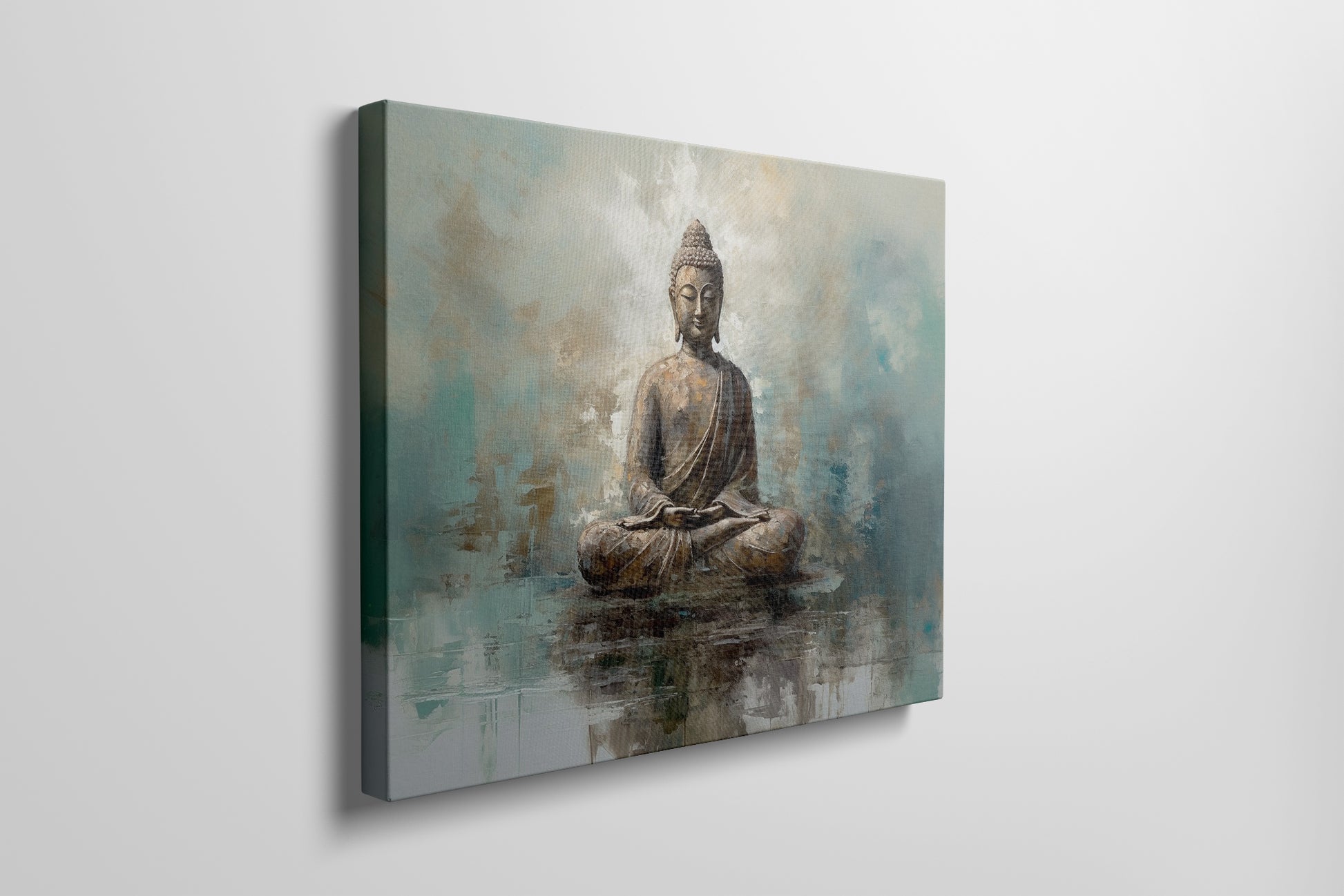 Framed canvas print of tranquil Buddha with abstract blue and beige background