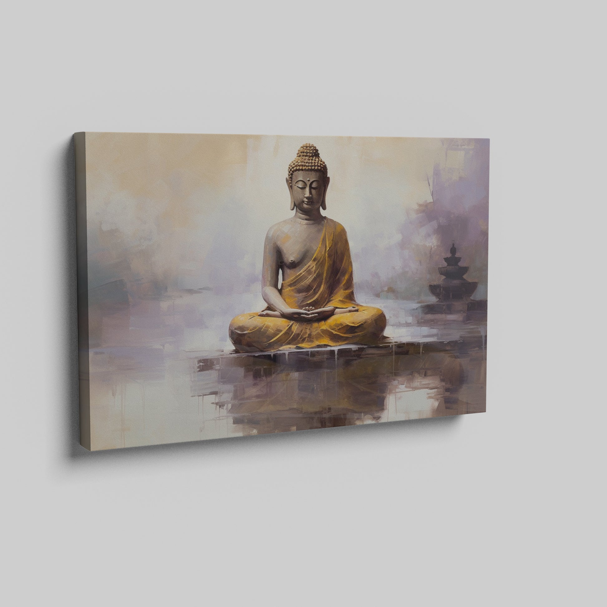 Framed canvas print of a meditative Buddha figure in golden and beige tones with a serene abstract background