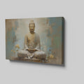 Framed canvas print of a serene Buddha meditating with warm earth tones and blue accents