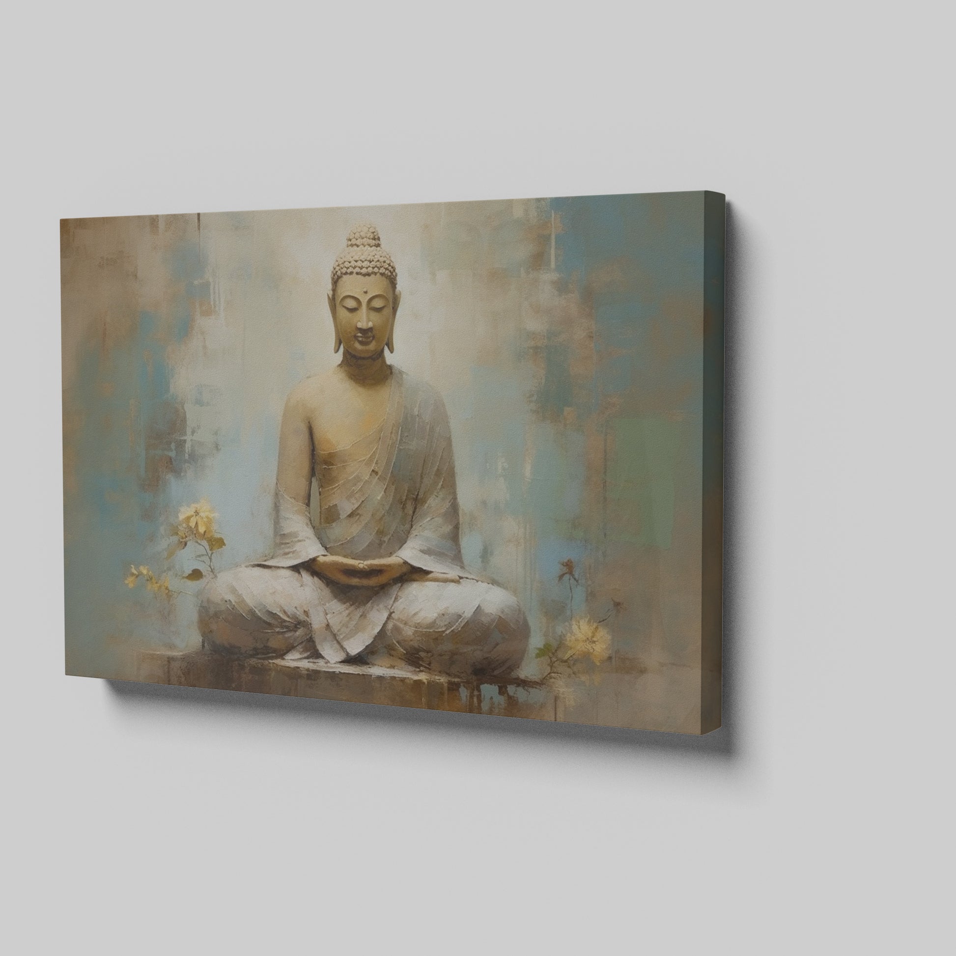 Framed canvas print of a serene Buddha meditating with warm earth tones and blue accents