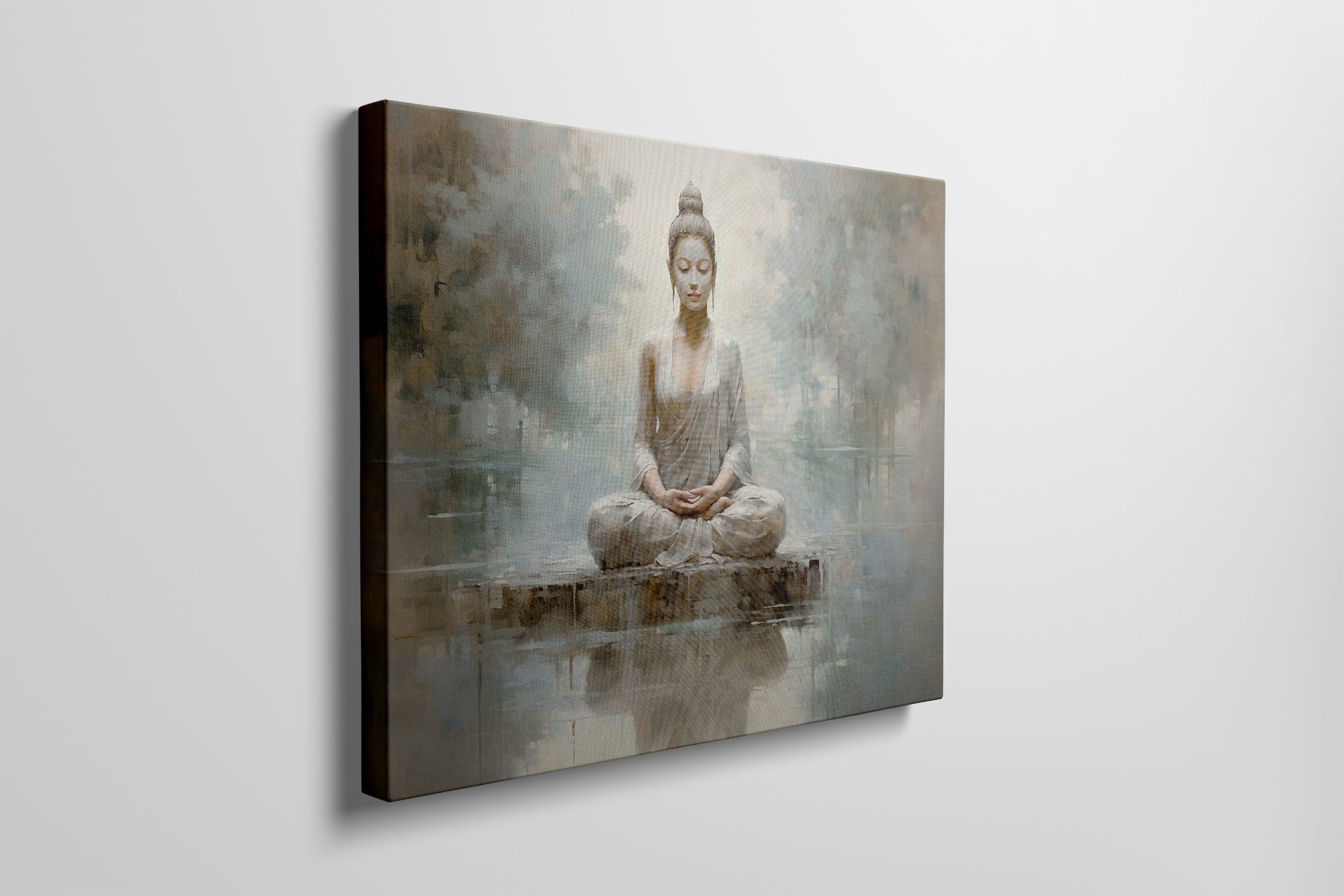 Framed canvas print of a meditative Buddha in serene, neutral tones