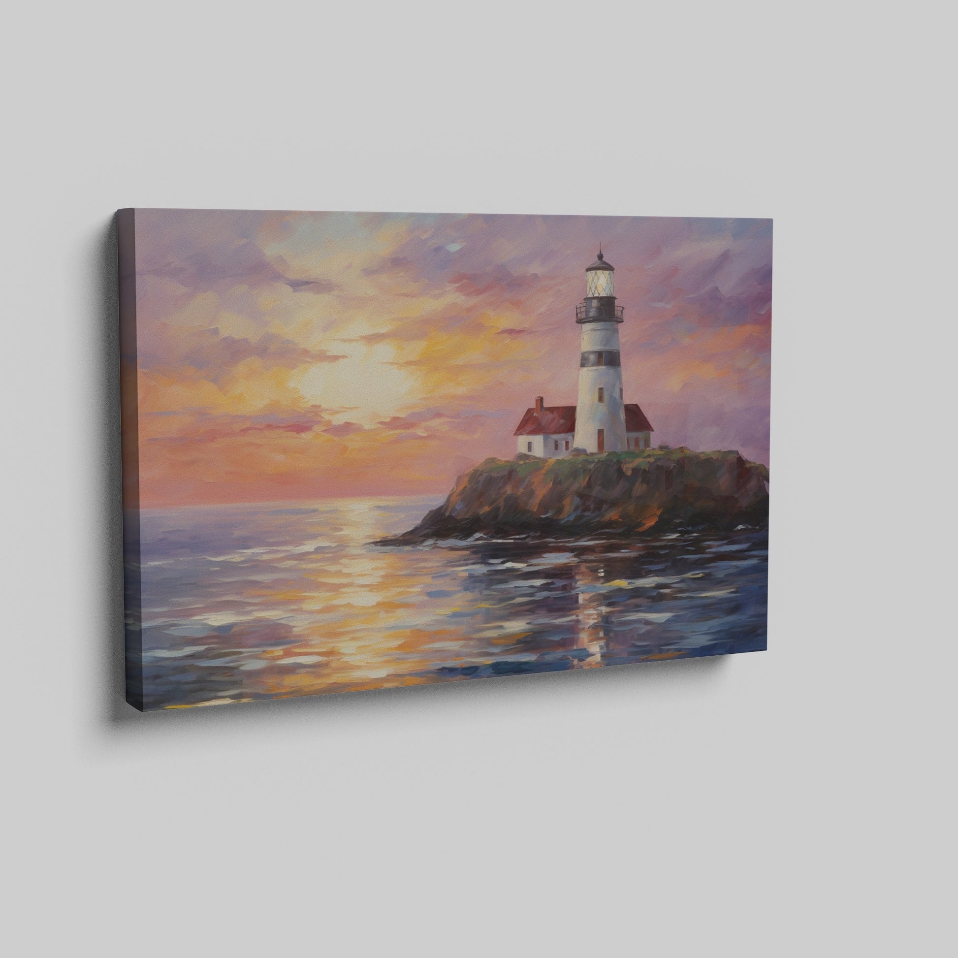 Impressionistic painting of a lighthouse on a cliff at sunset with vibrant orange, pink, and blue sky reflected in water