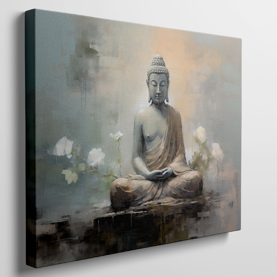 Serene Buddha in Meditation Canvas Art with Blue and Ochre Hues
