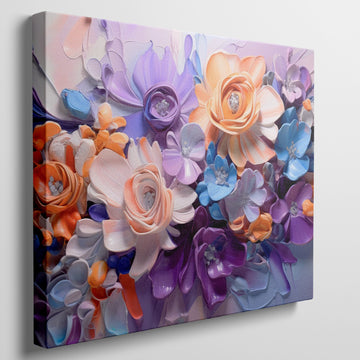 Framed canvas print of vibrant impasto-style abstract flowers in orange, lavender, and blue
