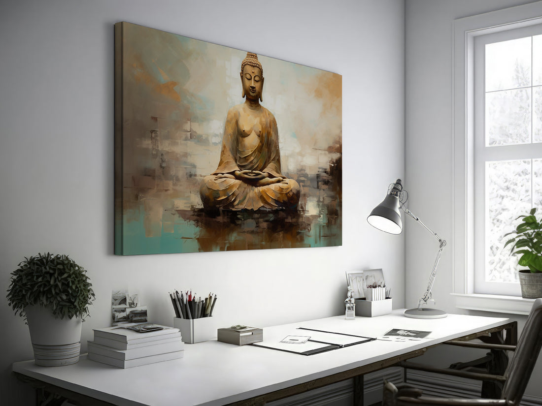 Abstract canvas print of a serene Buddha in meditation with shades of brown and teal blue