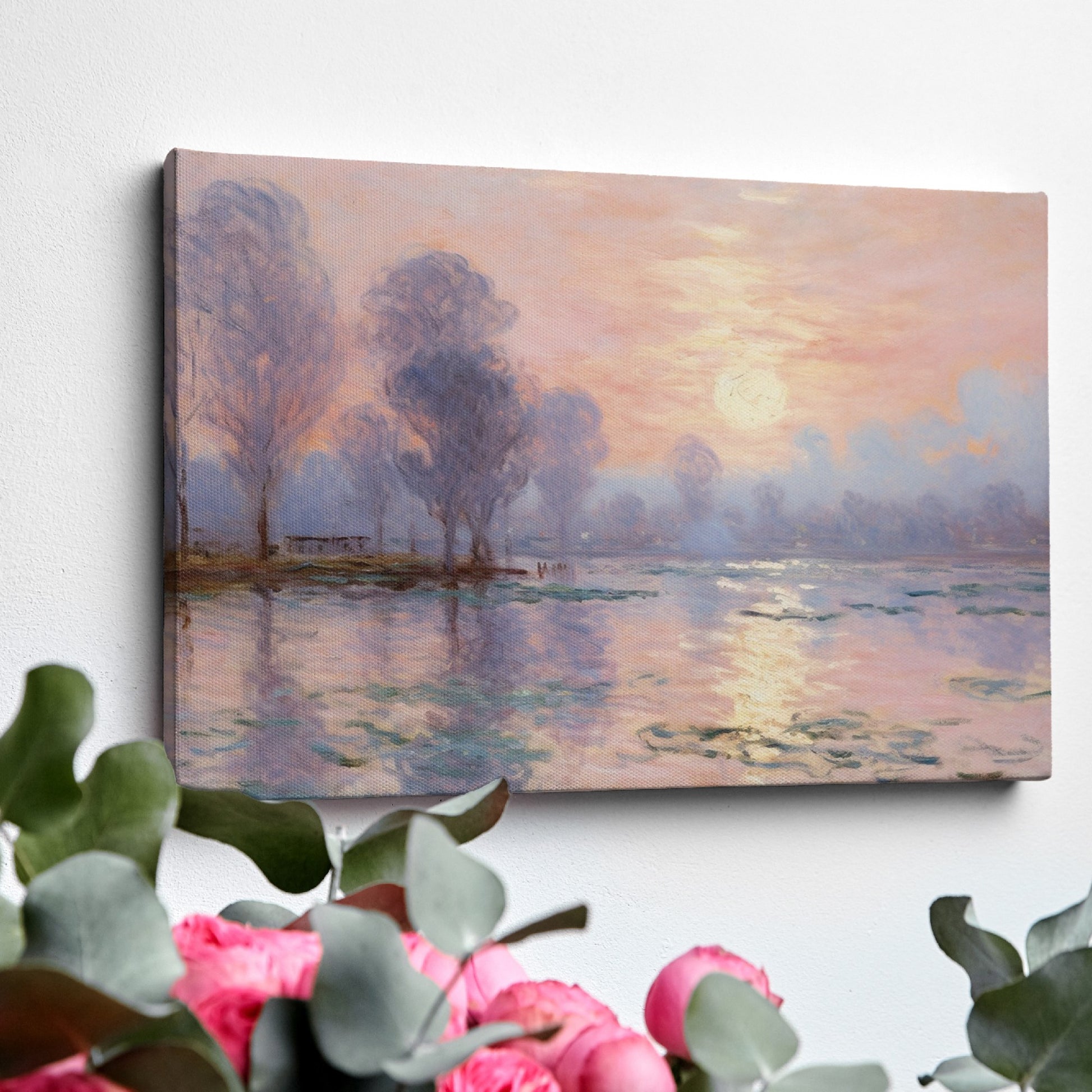 Impressionist-style painting of a peaceful river landscape at sunrise with reflections and tall trees.