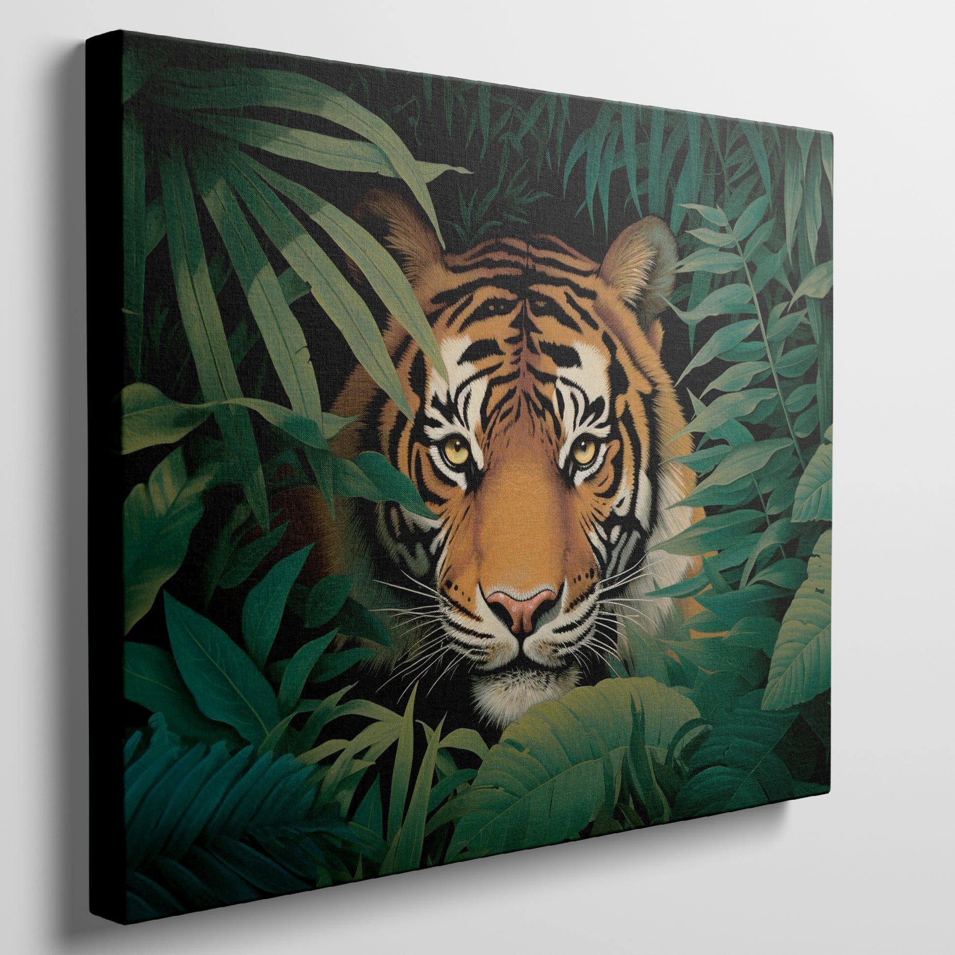 Canvas print of a tiger in a jungle with vivid green leaves around it