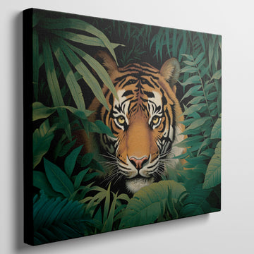 Canvas print of a tiger in a jungle with vivid green leaves around it