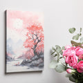 Watercolor painting of pink cherry blossoms with a misty mountain landscape and flying birds.