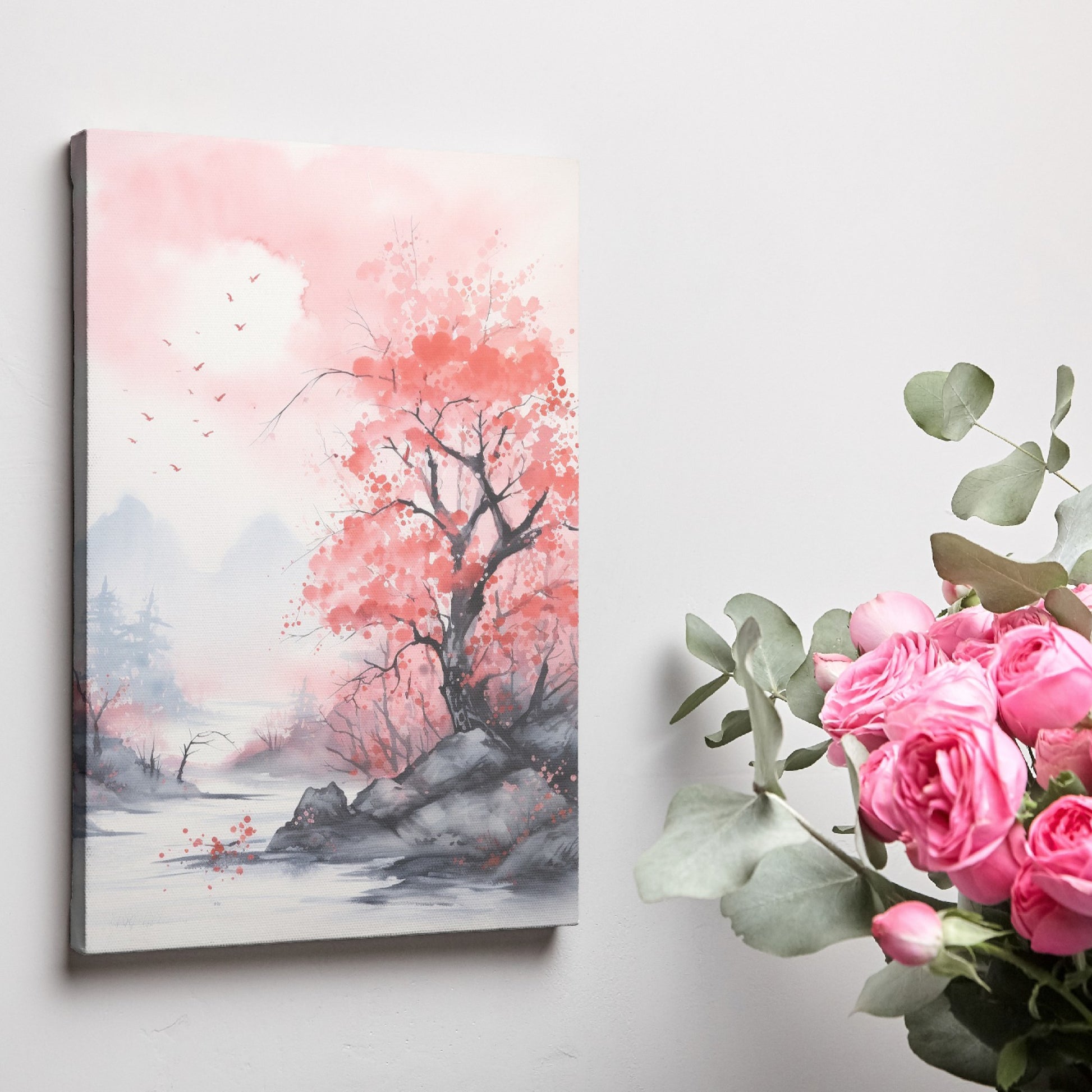 Watercolor painting of pink cherry blossoms with a misty mountain landscape and flying birds.