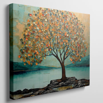 Framed canvas print of a stylised autumn tree with vibrant impasto textures and a serene aqua-blue background