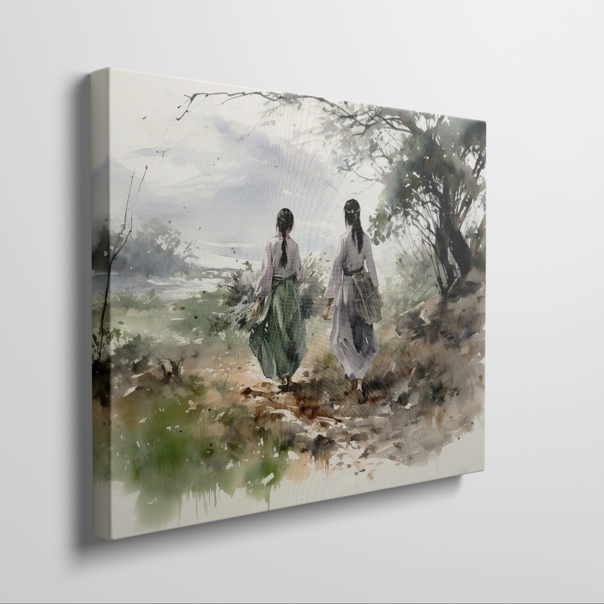 Watercolor painting of two figures in traditional attire walking through a natural landscape