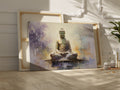 Framed canvas print depicting a serene Buddha in meditation, with textured strokes and a peaceful color palette
