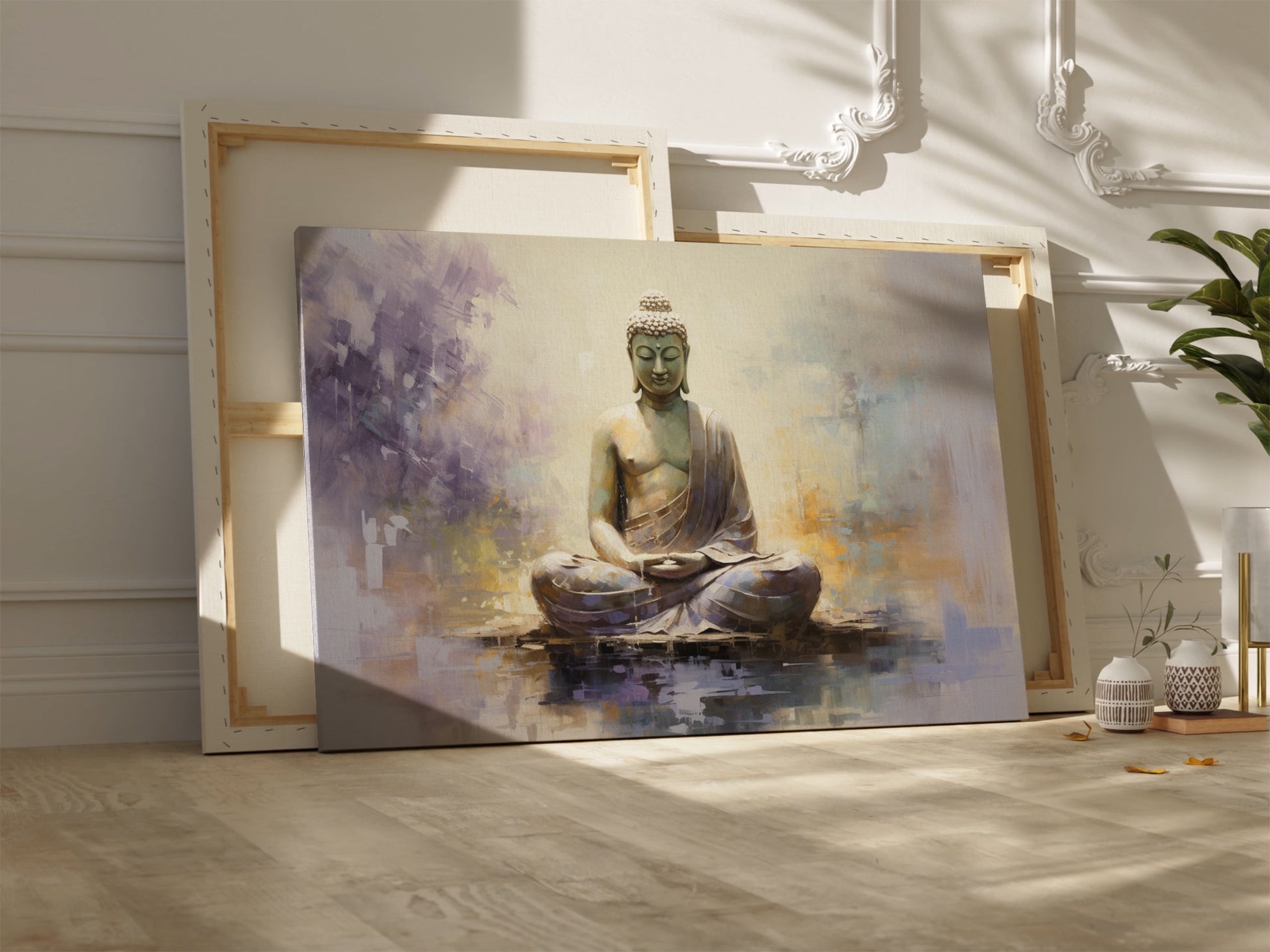 Framed canvas print depicting a serene Buddha in meditation, with textured strokes and a peaceful color palette