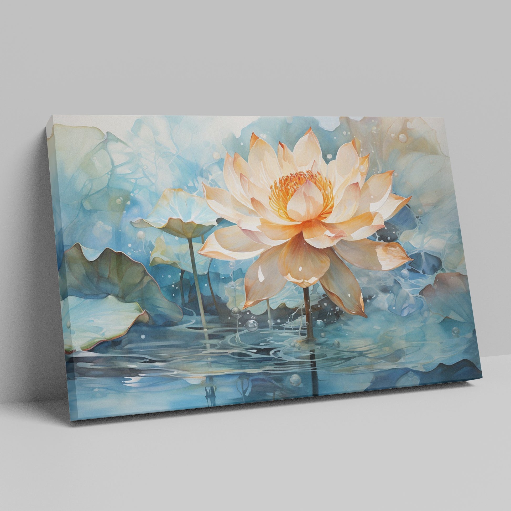 Framed canvas print of a blooming lotus flower with lush blue and orange hues