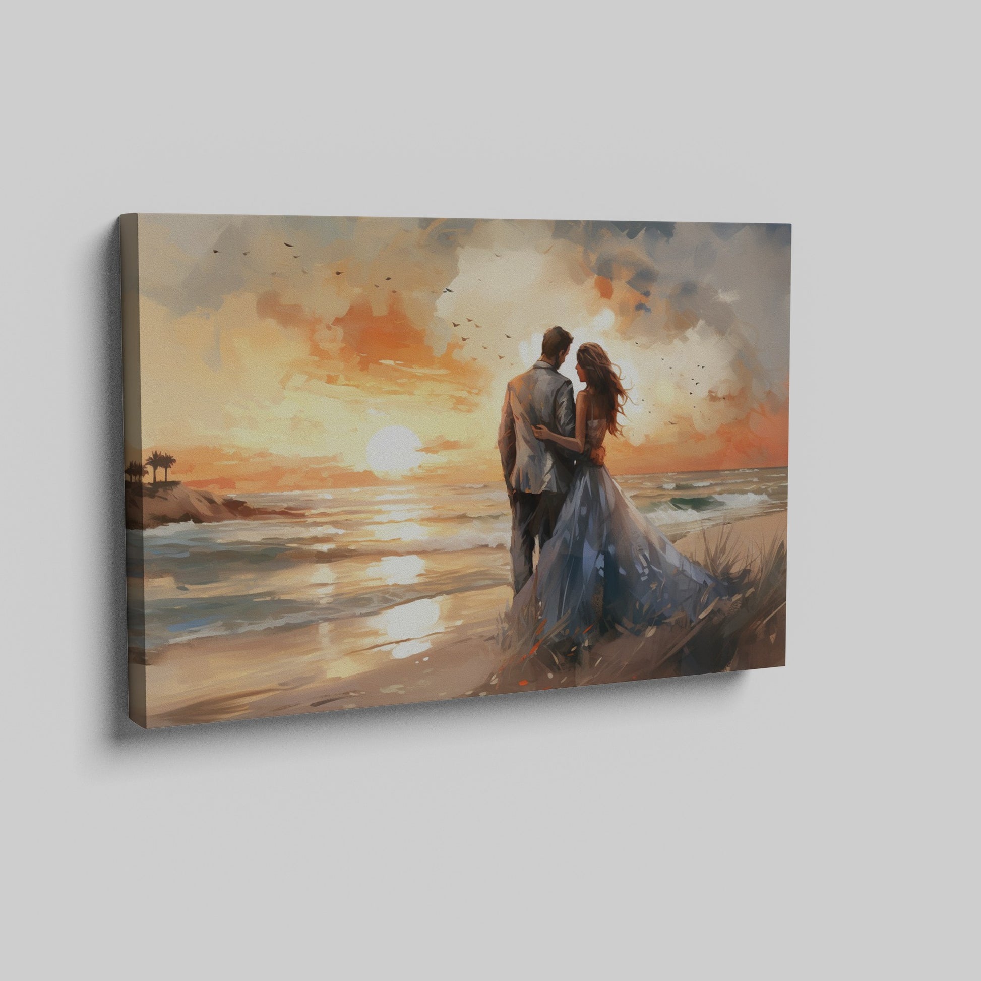 Framed canvas print of a couple embracing on a beach at sunset with vibrant warm colours and soft lighting