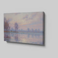 Pastel-hued landscape painting of a sunrise with reflections in the water and silhouetted trees.