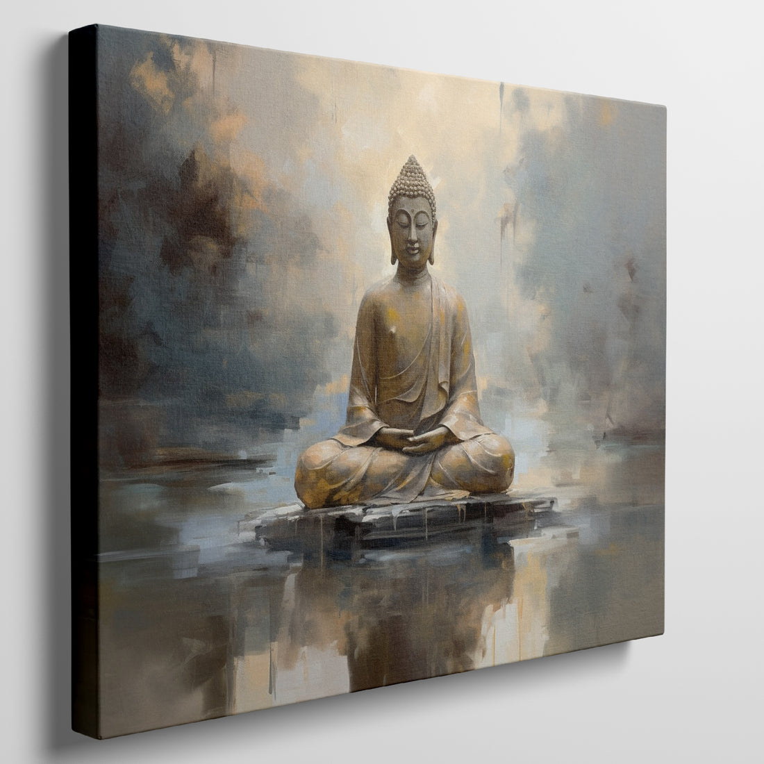 Canvas print of a golden Buddha statue in meditation with an abstract background in earth tones.