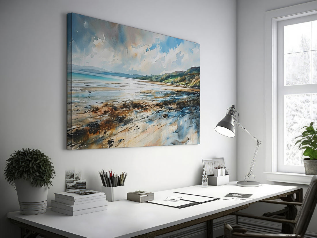 Impressionistic painting of a coastal scene with broad brushstrokes in blue, beige, and white