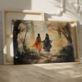 Watercolour painting of two figures walking through an autumn forest with bright orange leaves and birds in flight