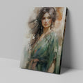 Watercolour-style portrait of a woman in green with brown accents and floral design elements