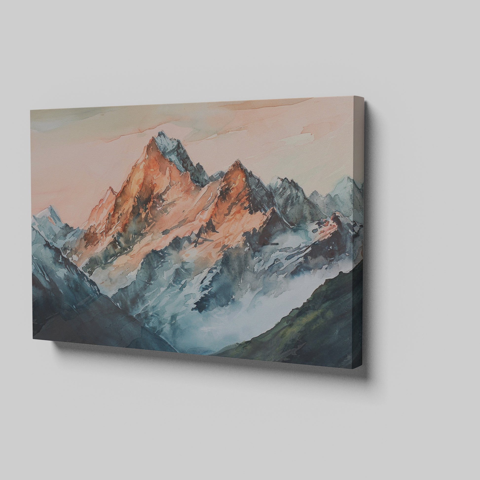 Framed canvas print of impressionist watercolor mountain landscape with sunset hues