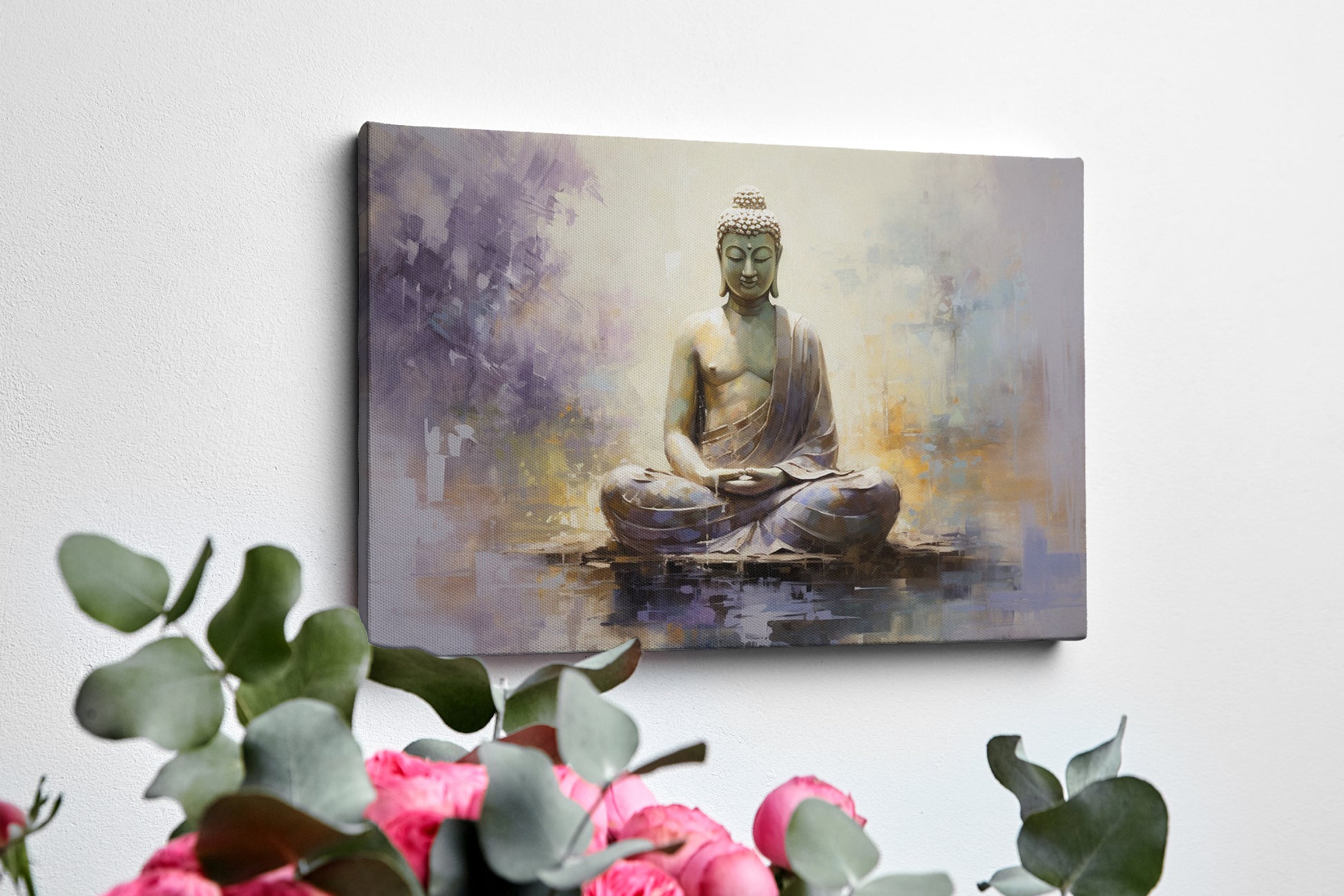 Framed canvas print depicting a serene Buddha in meditation, with textured strokes and a peaceful color palette