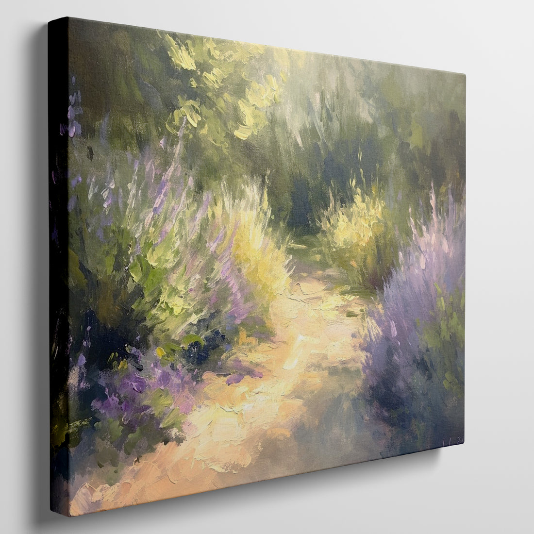 Impressionist canvas print of a garden path with purple lavender and green foliage in sunlight