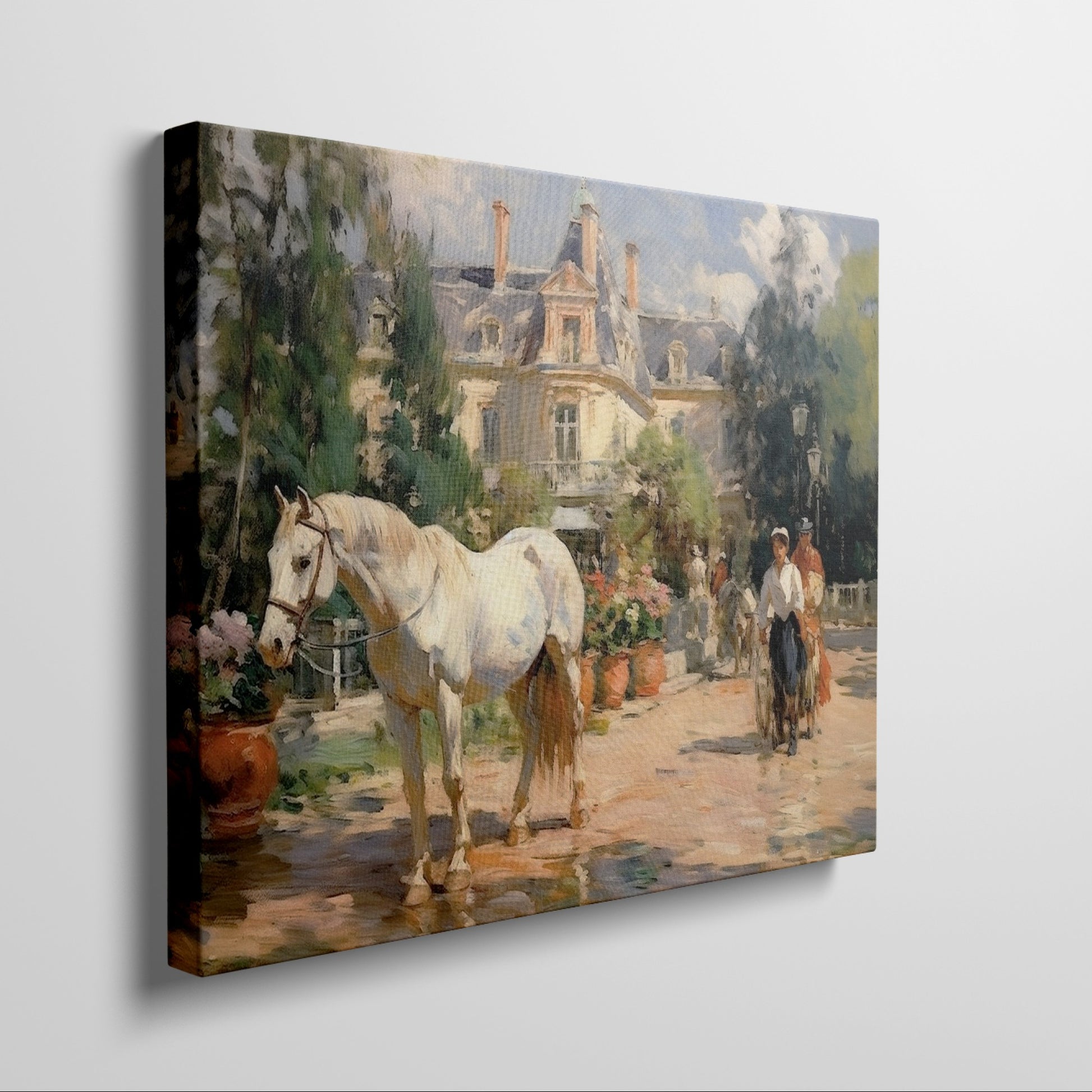 Framed canvas print of an impressionist painting featuring a white horse, a Victorian estate, and garden scenery
