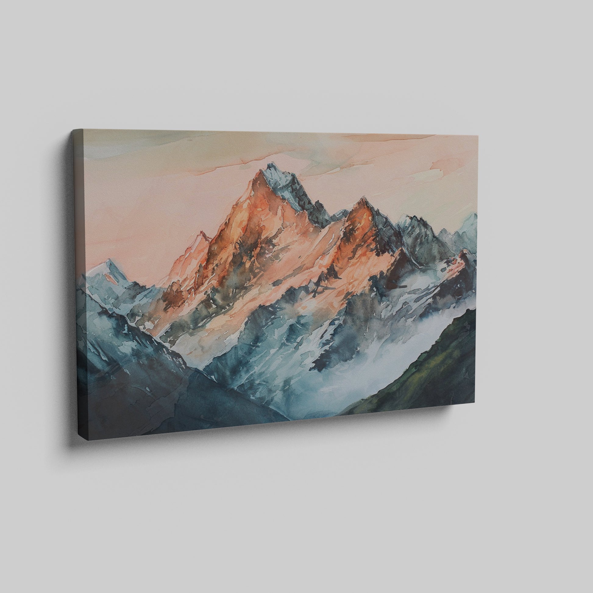Framed canvas print of impressionist watercolor mountain landscape with sunset hues
