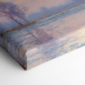Pastel-hued landscape painting of a sunrise with reflections in the water and silhouetted trees.