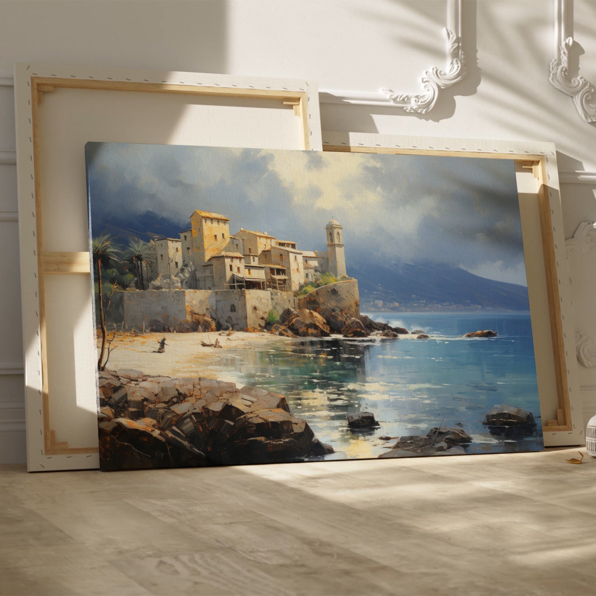 Framed canvas print of a Mediterranean coastal scene with historic buildings and calm blue waters
