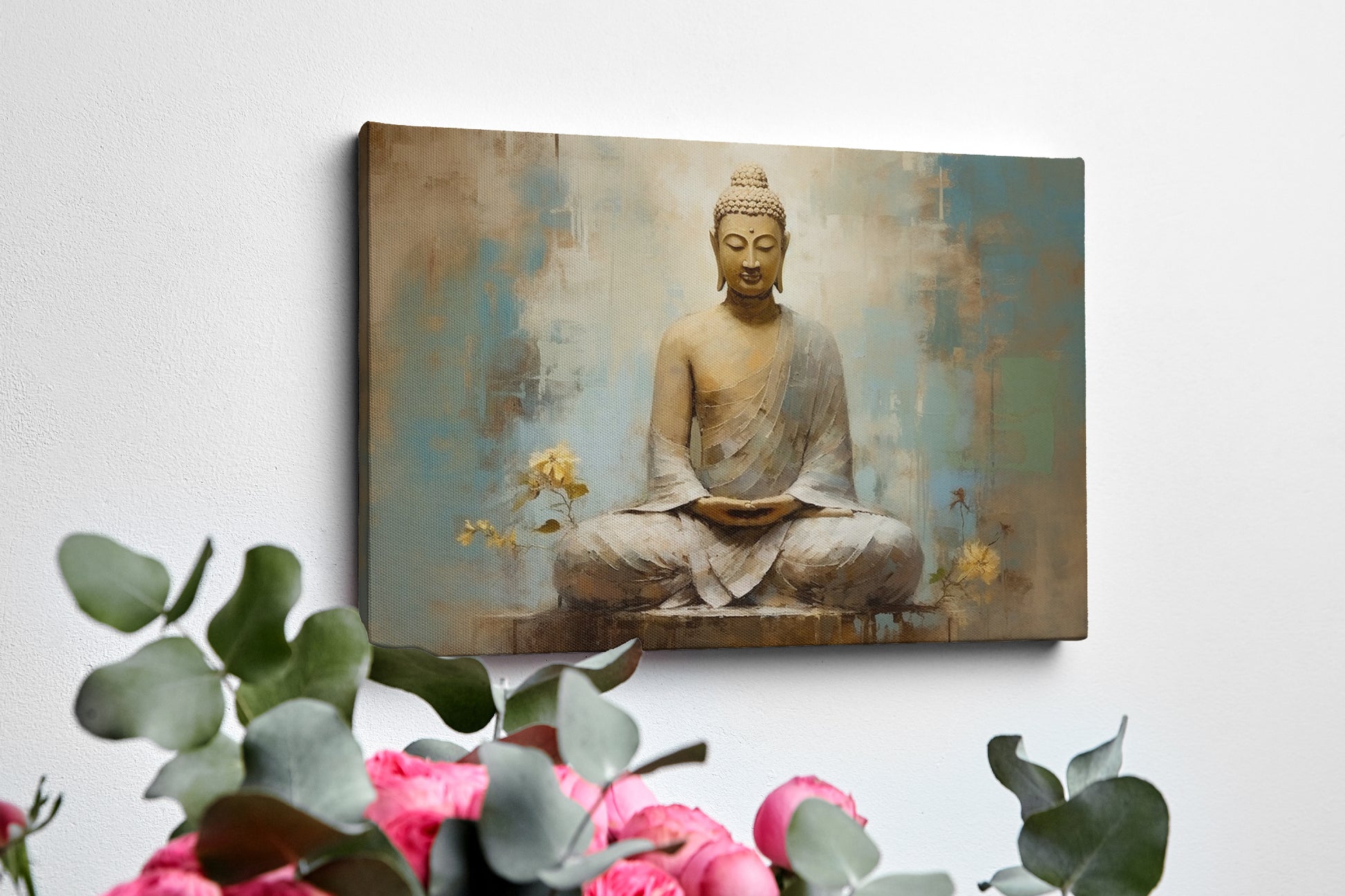 Framed canvas print of a serene Buddha meditating with warm earth tones and blue accents