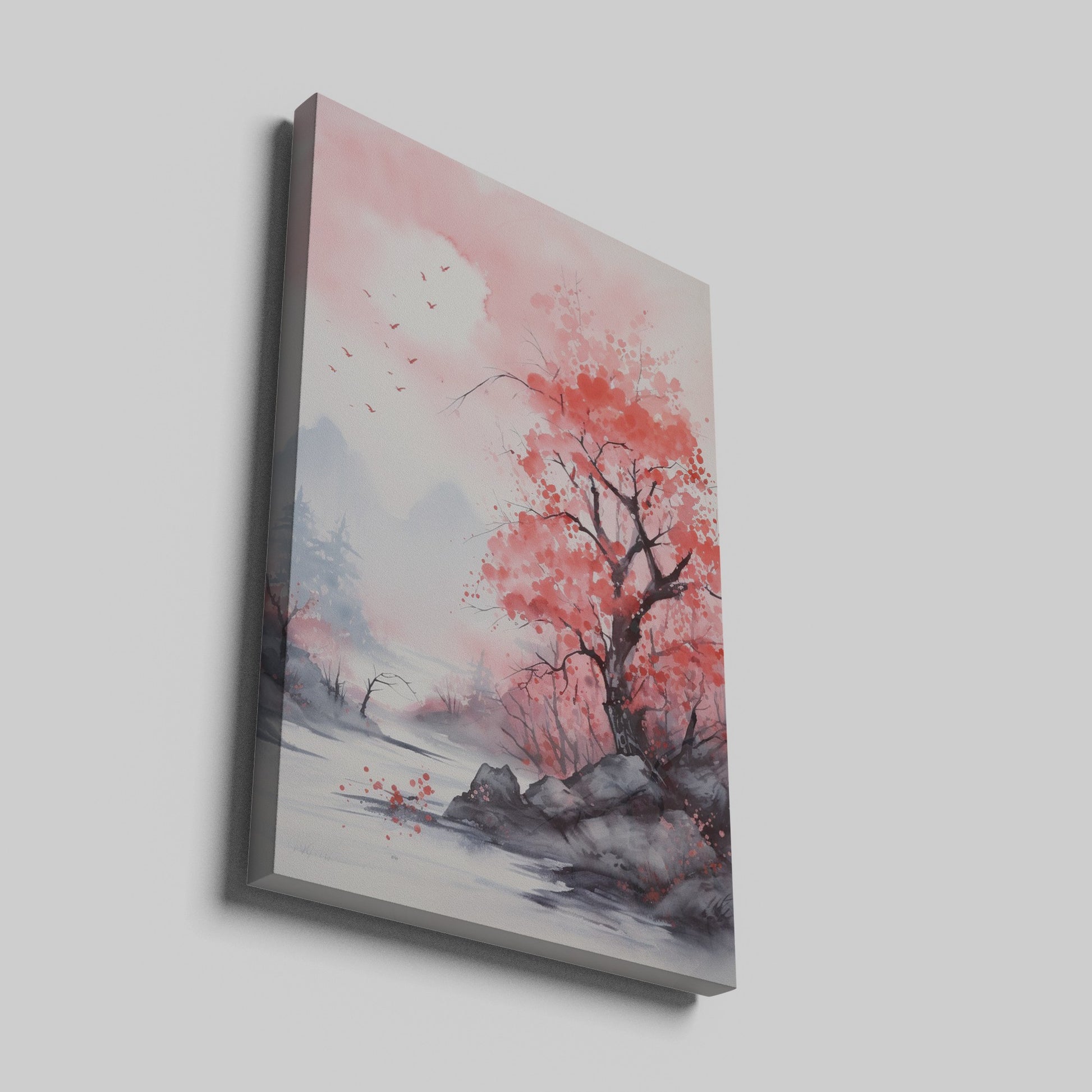 Watercolor painting of pink cherry blossoms with a misty mountain landscape and flying birds.