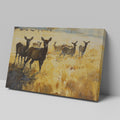 Framed canvas print of a deer herd in a golden autumn landscape with splattered paint effect.