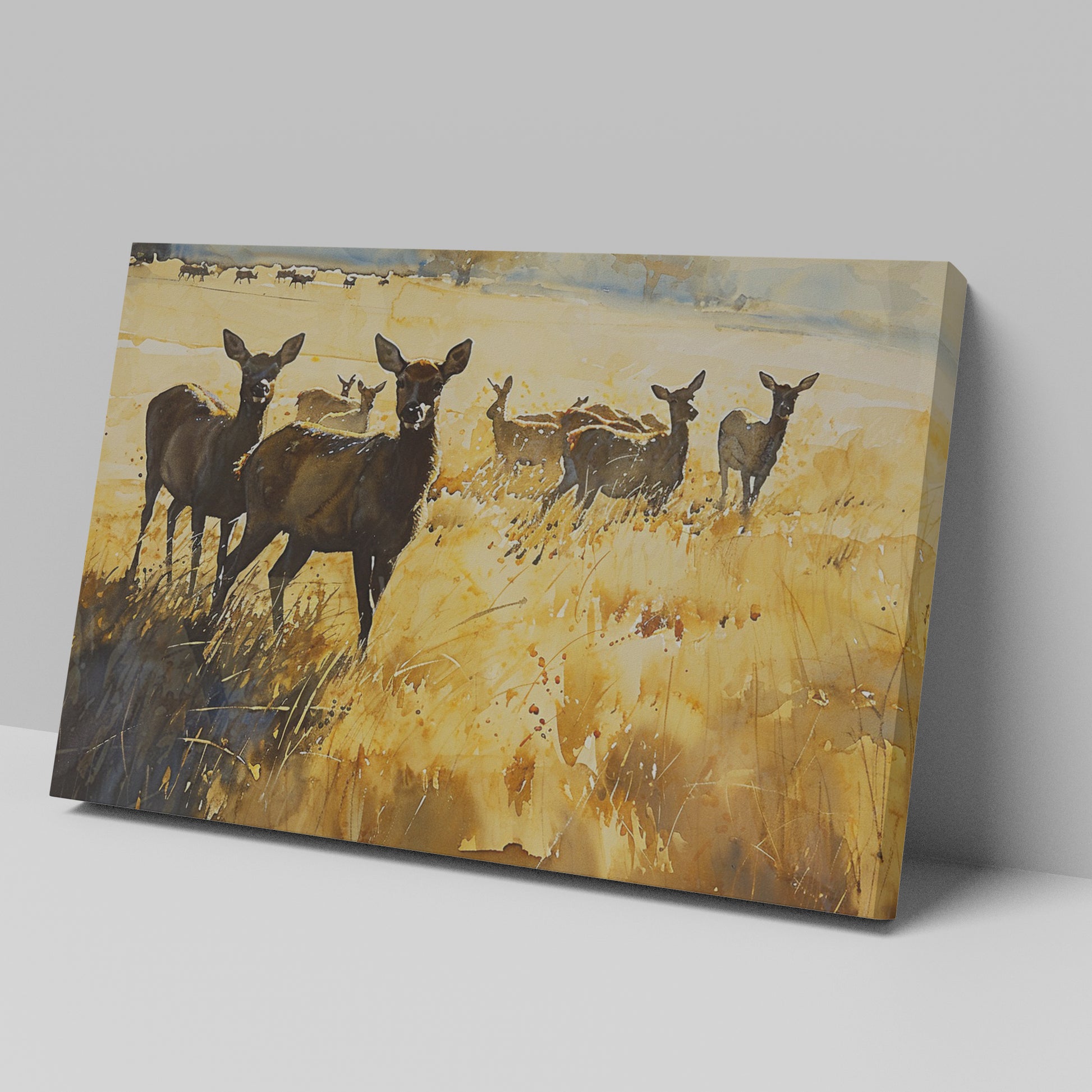 Framed canvas print of a deer herd in a golden autumn landscape with splattered paint effect.