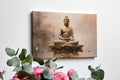 Framed canvas print of a serene Buddha in meditation with warm colour tones
