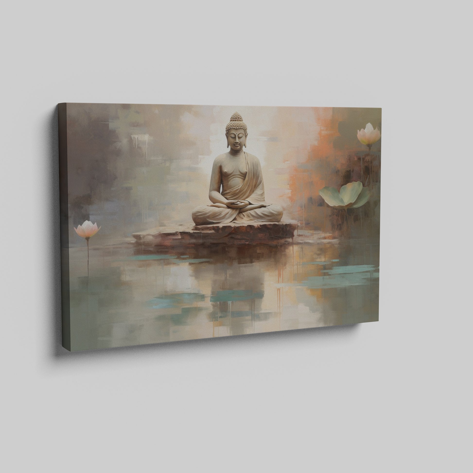 Framed canvas print of a serene Buddha in meditation with abstract watercolour lotus flowers and reflections