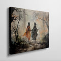 Watercolour painting of two figures walking through an autumn forest with bright orange leaves and birds in flight