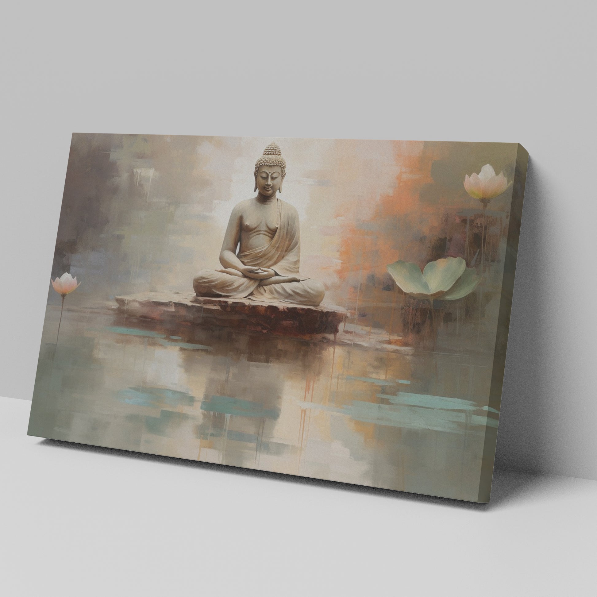 Framed canvas print of a serene Buddha in meditation with abstract watercolour lotus flowers and reflections