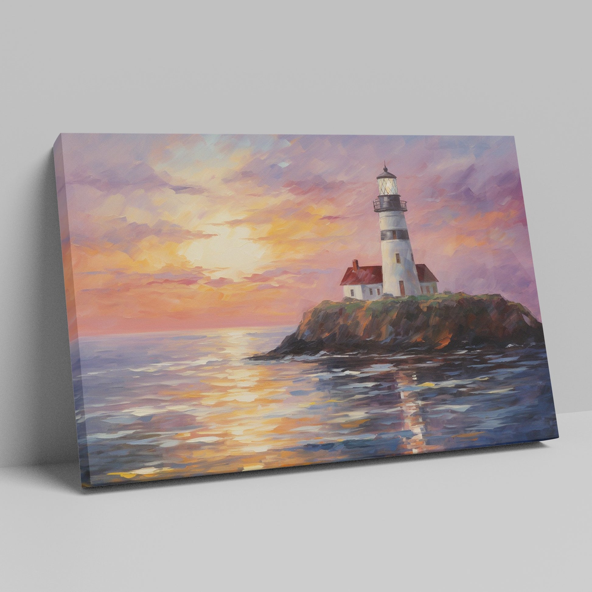 Impressionistic painting of a lighthouse on a cliff at sunset with vibrant orange, pink, and blue sky reflected in water
