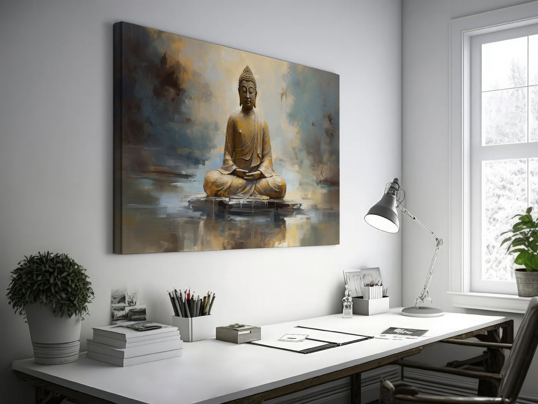Canvas print of a golden Buddha statue in meditation with an abstract background in earth tones.