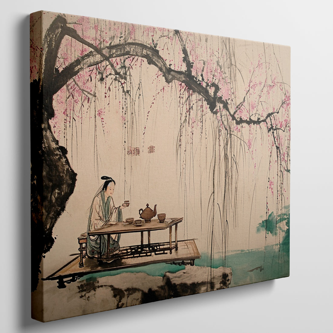 Traditional Eastern-style painting of a woman enjoying a tea ceremony under a cherry blossom tree with willow branches and a serene water background.